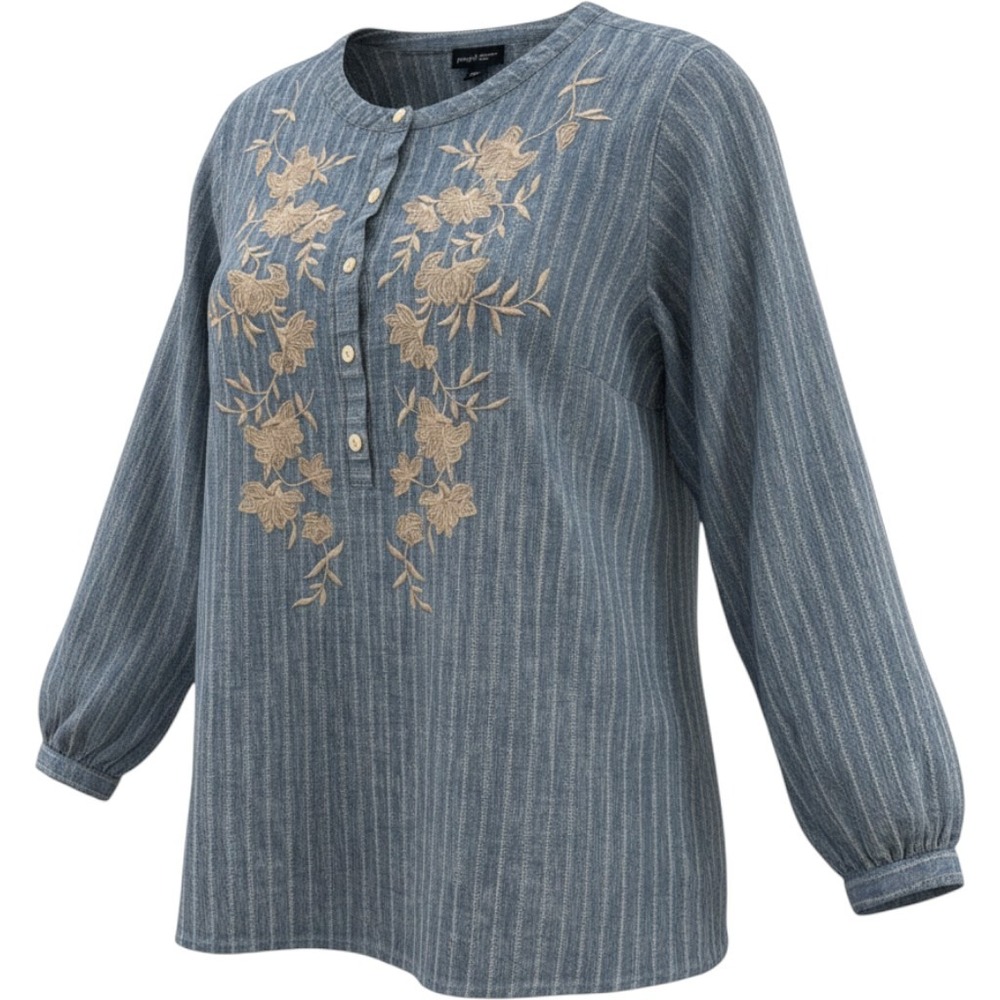 Pure Jill Elements Indigo Embroidered Henley Blouse Womens Lrg Blue Striped Boho